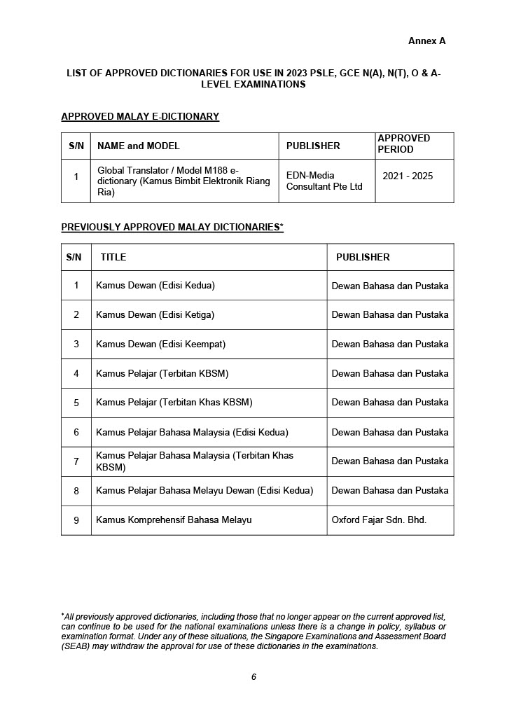 List of Approved Mother Tongue Dictionaries for PSLE
